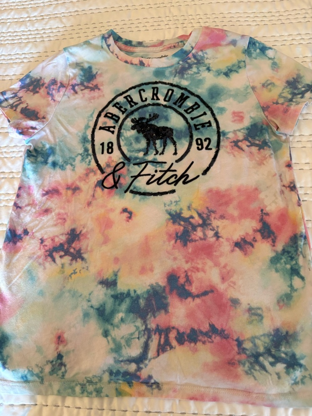 Abercrombie & Fitch Tie-Dye Tee - Pink, Blue, Yellow, Cream with sequined logo